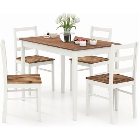 COSTWAY 5-teiliges Esstisch-Set, Esstisch mit 4 Stühlen, Essgruppe aus Massivholz, Küchentisch, Holztisch, Esszimmergarnitur, Sitzgruppe für Esszimmer, Küche (1 Tisch und 4 Stühle)