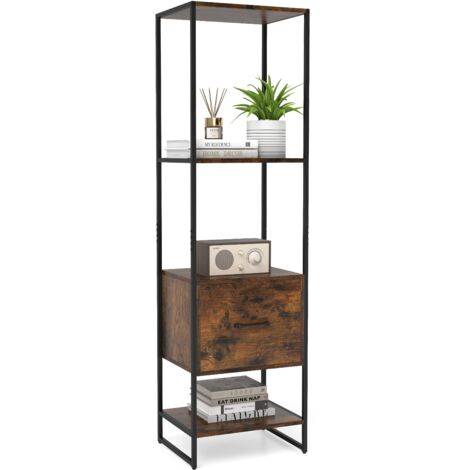 COSTWAY 5-Tier Bookshelf  Tall Narrow Bookcase w/Shelves & Drawer-Coffee