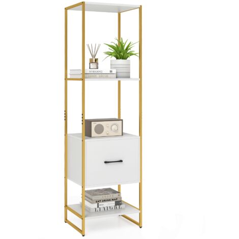 COSTWAY 5-Tier Bookshelf  Tall Narrow Bookcase w/Shelves & Drawer-White