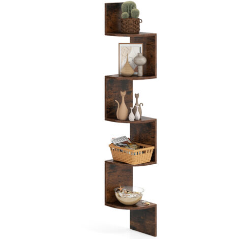 COSTWAY 5-Tier Corner Shelf Wall Mount Floating Corner Bookshelf-Brown