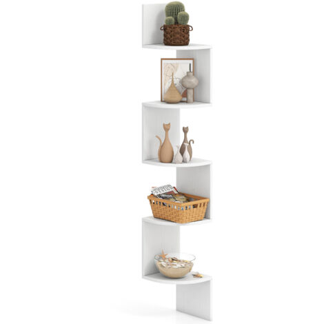 COSTWAY 5-Tier Corner Shelf Wall Mount Floating Corner Bookshelf-White