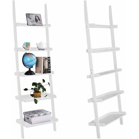 COSTWAY 5 Tier Wall Rack,60 x 30 x 190cm ,Wooden Display Ladder Shelf, Bookcase Leaning Shelving Unit Organiser Flower Plant Stand for Living Room, Kitchen and Bathroom