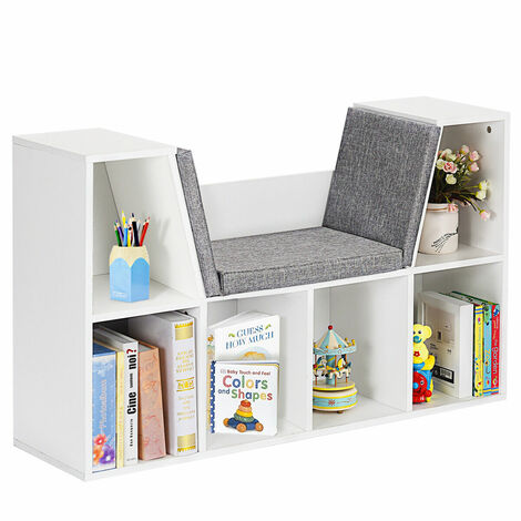 COSTWAY 6-Cube Kids Bookcase, Wooden Display Shelving Unit Organizer with Cushioned Reading Nook, Multi-Functional Storage Shelf Cabinet (White)