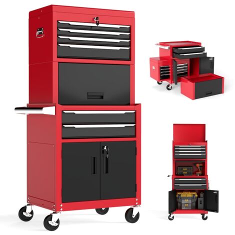 COSTWAY 6-Drawer Rolling Tool Chest 3-in-1 Heavy-Duty Tool Storage Cabinet-Red