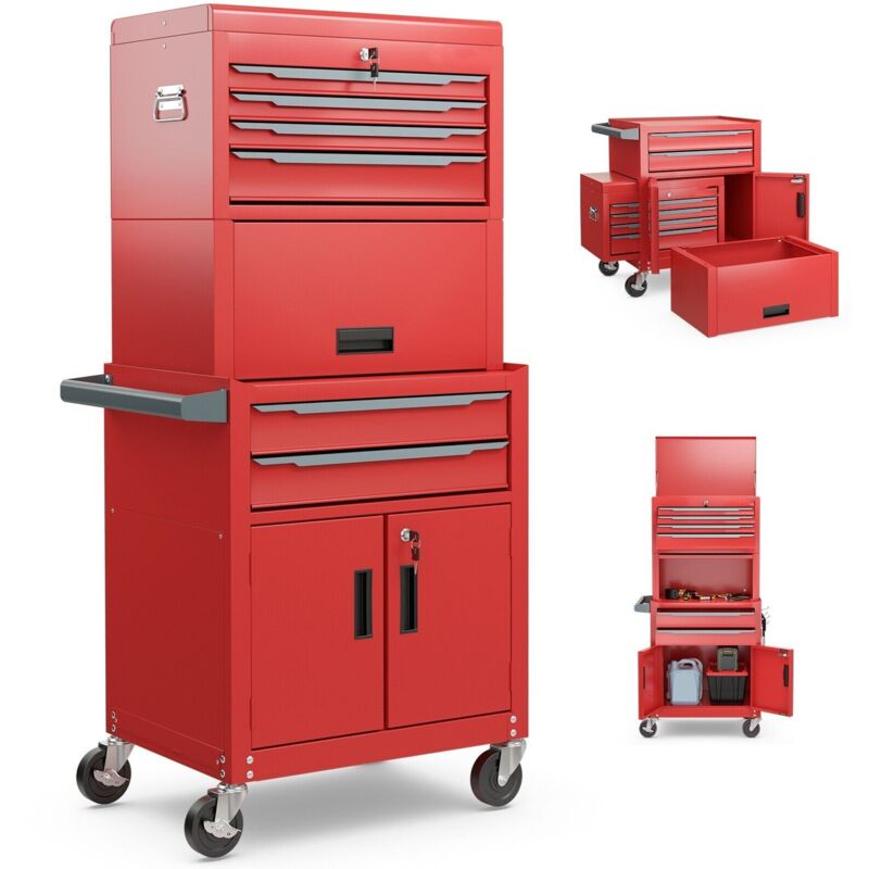 COSTWAY 6-Drawer Rolling Tool Chest 3-in-1 Heavy-Duty Tool Storage Cabinet w/ Wheels