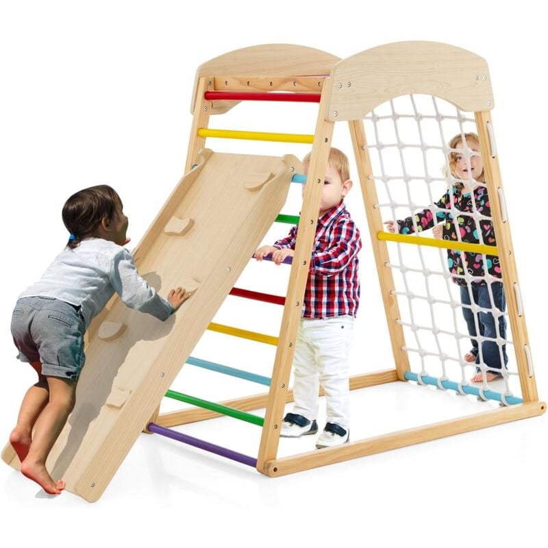6 en 1 Triangle d'escalade en Bois Enfants avec Rampe Double Face, Aire de Jeu d'Escalade Intérieur avec Inclinaison Réglable, Filet et Echelle pour