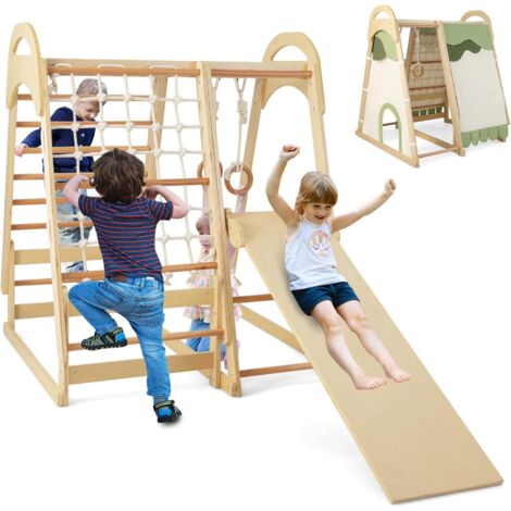 COSTWAY 6 in 1 Kinder Klettergerüst Holz, Turnringen & Kletterfelsen & Kletternetz & Leiter & Pull Up Bar & Spielzelt, Kletterspielzeug Indoor für Kinder ab 3 Jahre