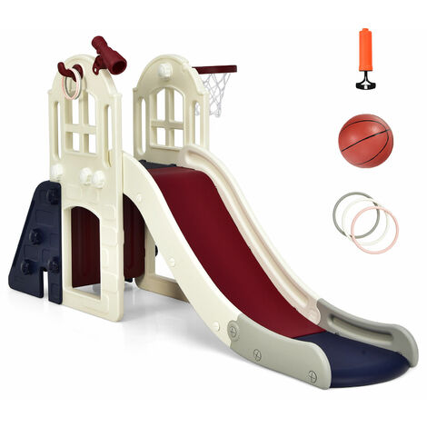 COSTWAY 6 in 1 Large Kids Slide, Toddler Climber Slide Set with Basketball Hoop, Ring Toss and Telescope, Indoor Outdoor Freestanding Slider Playset (Blue)