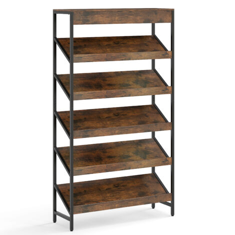 COSTWAY 6 Layer Tall Bookshelf with Slant Design Heavy Duty Metal Frame Storage Brown