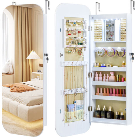 COSTWAY 6 LEDs Wall or Door Mounted Lockable Jewelry Organizer-White