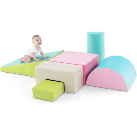COSTWAY 6 PCS Parcours Motricité Bébé en Mousse EPE avec Housse en PU, Module Motricité Bébé avec Fermeture Clair & Formes Différentes, Jouets Éducatifs pour Enfants d'Âge Préscolaire… (Vert+Rose)