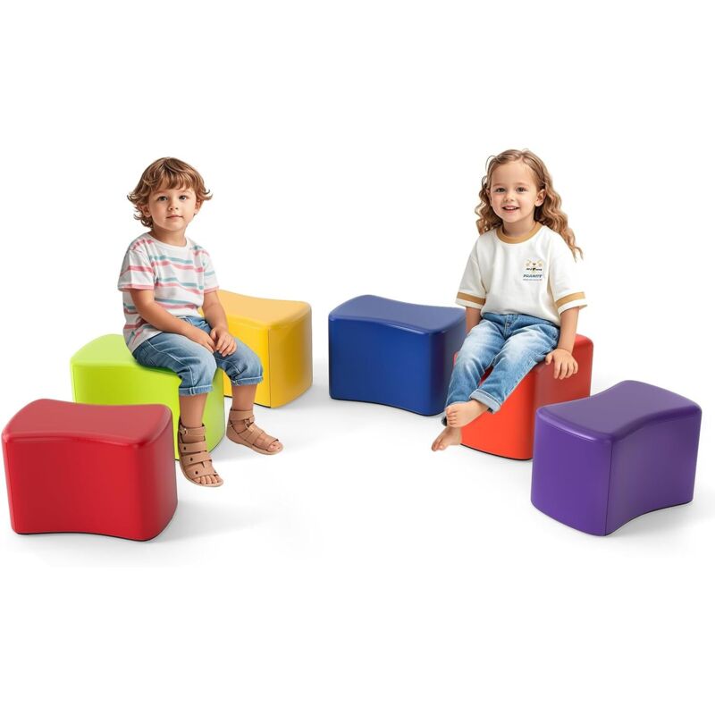 COSTWAY 6 PCS Tabourets Enfants Modulaires avec Housse Amovible en Simili Cuir & Mousse, Tabourets Papillon Colorés avec Fond Antidérapant, pour