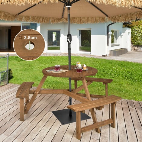 COSTWAY 6 Seater Wooden Picnic Table and Bench, Round Outdoor Dining Table Set with 3 Built-in Benches and Umbrella Hole, Picnic Patio Garden Furniture