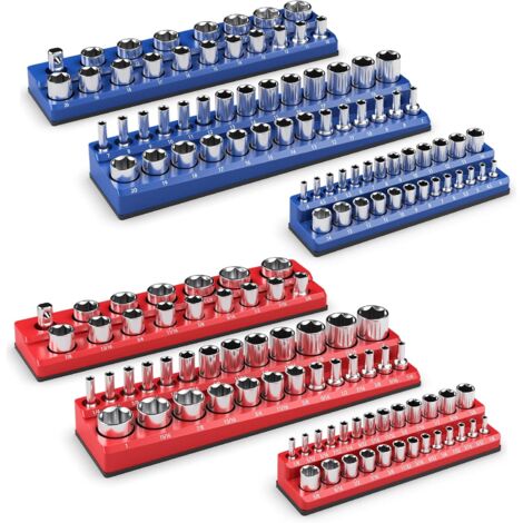 COSTWAY 6 Stk. Steckschlüssel Halter magnetisch, 1/2-Zoll-, 3/8-Zoll- und 1/4-Zoll, Aufsteckschiene für Stecknüsse, Steckschlüsselsatz Schiene Halterung, Rot in Zoll (SAE), Blau in mm Metrisch
