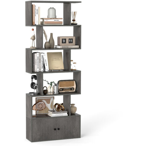 COSTWAY 6-Tier Bookshelf with Cabinet Anti-Tipping Device Tall Storage Shelf Grey