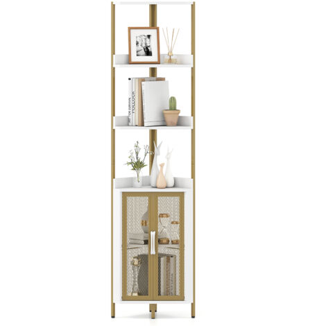 COSTWAY 6-Tier Corner Shelf Industrial Bookcase Display Shelf w/ Cabinet-White