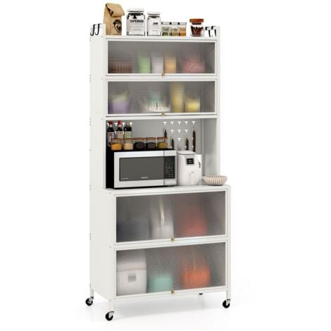 COSTWAY 6-Tier Kitchen Pantry Cabinet Buffet Cabinet with Flip Doors & Microwave