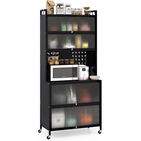 COSTWAY 6-Tier Kitchen Pantry Cabinet Buffet Cabinet with Hutch & Hooks-Black