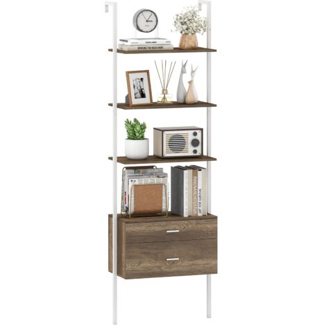 COSTWAY 6-Tier Ladder Bookcase 184cm Tall Wall-Mounted Bookshelf w/Drawers-Grey