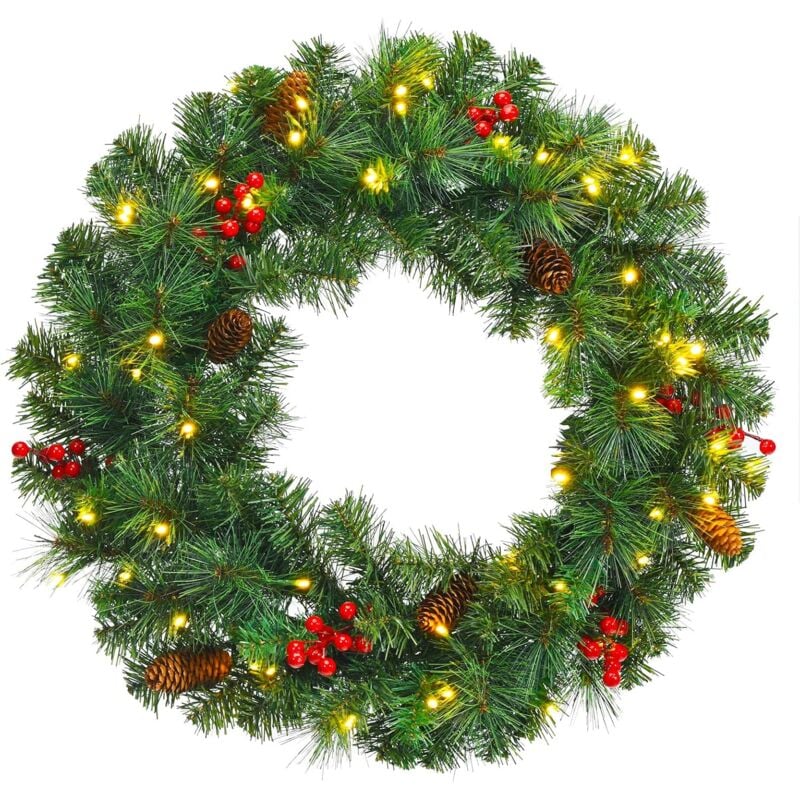 

60 cm Guirnalda de Navidad Iluminada, Guirlanda Artificial con 110 Ramas Verdes, Piñas, Bayas Rojas, Temporizador con Pilas - Costway
