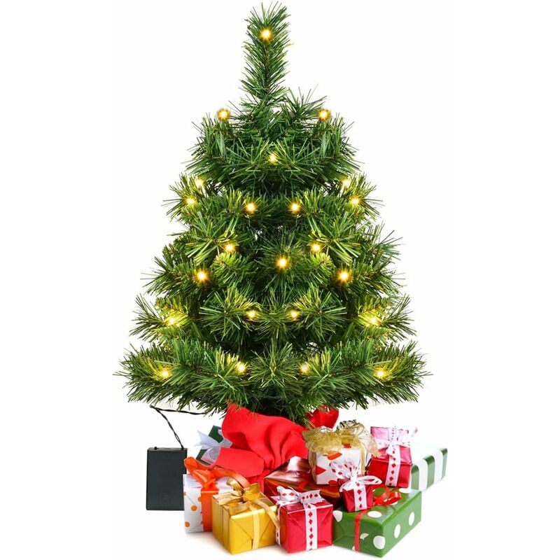 

60 cm Mini Árbol de Navidad para Escritorio con Luces LED Blancas Cálidas, Base de Cemento con Bolsa de Tejido, Abeto Navideño Iluminado - Costway