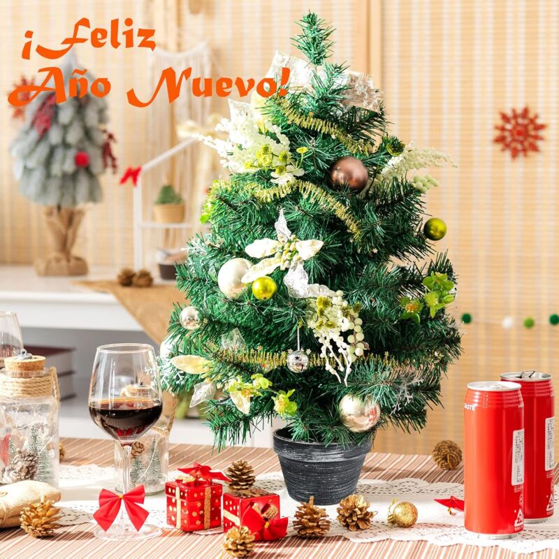 

60 cm Árbol de Navidad Artificial Iluminado con Batería, Mini Árbol con 40 Luces LED, Ornamentos y Temporizador, Decoración para Vacaciones y Fiestas