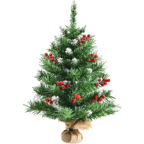 COSTWAY 60cm Kleiner Weihnachtsbaum, Mini Weihnachtsbaum mit 108 Zweigen, roten Beeren und Sockel, künstlicher Tisch Weihnachtsbaum für Haus Büro