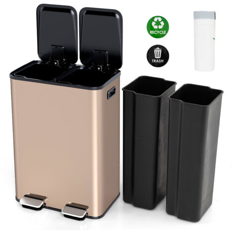 COSTWAY 60L Dual Compartment Trash Can  2 x 30L Trash Bin-Gold