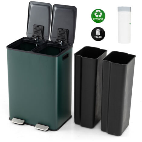 COSTWAY 60L Dual Compartment Trash Can  2 x 30L Trash Bin-Green