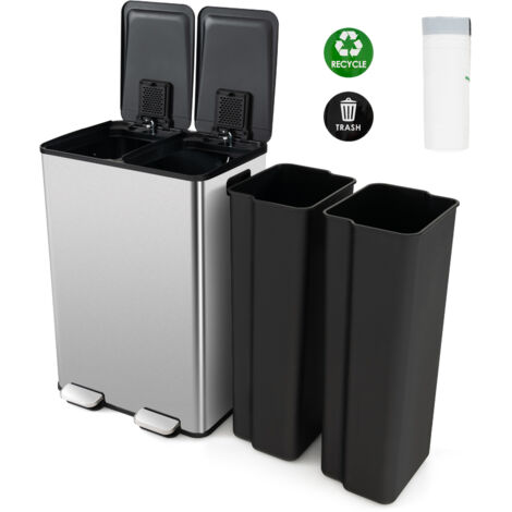 COSTWAY 60L Dual Compartment Trash Can  2 x 30L Trash Bin-Silver