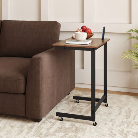 COSTWAY 60x39.5cm C-Shape Bedside Table with Braked Casters Low Profile Rolling Brown
