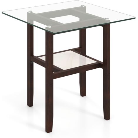 COSTWAY 61CM Square Glass Side Table 2-Tier End Table w/Storage Shelf-Brown