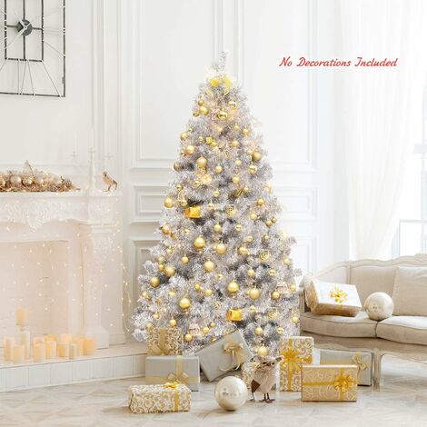 COSTWAY 6FT Silver Christmas Tree, Hinged Full Tree with 1036 Tips and Folding Metal Stand, Electroplated Technology, Artificial Tinsel Xmas Trees for Indoor Outdoor Decor