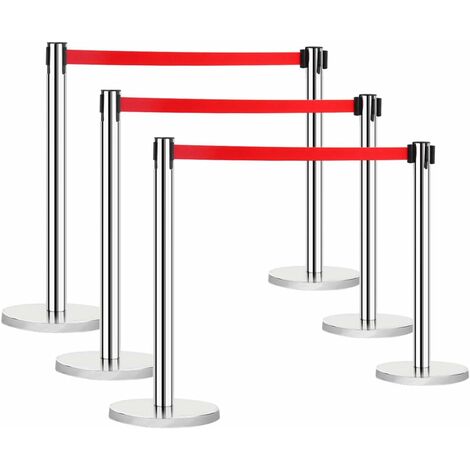 COSTWAY 6Pcs Belt Stanchion, Queue Rope Barrier with Retractable Belt, Polished Stainless Steel, Durable Base, 4-Way Adaptor, Crowd Control Stand Set for Museum, Factory, Cinema (Silver+Red)