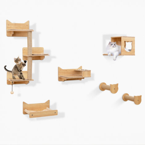 COSTWAY 6Pcs Cat Wall Furniture Set Kitten Wall Mounted Shelves w/Hammock