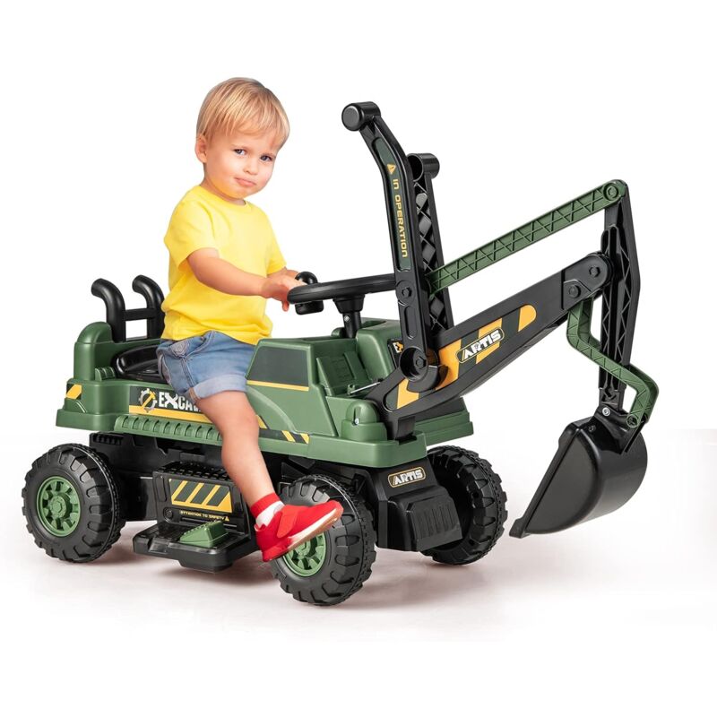 6V Excavatrice Electrique Enfants avec Pelle & Siège Rotatif, Pelleteuse Enfants avec Lumières led, Musique, Espace de Rangement Caché, Charge 25KG,