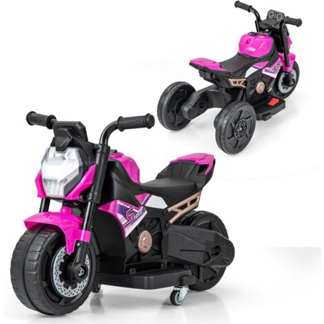 COSTWAY 6V Moto Électrique Enfant avec Phare LED & Musique & Klaxon, Voiture Électrique Convertible avec Roues d'Entraînement & Tableau Simulé, 2-3km/h, Charge 20kg pour Enfant de 18-36 Mois (Rose)