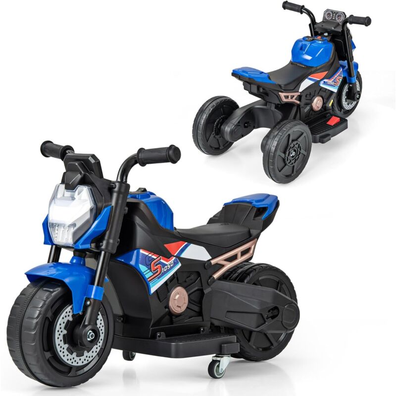 2 en 1 6V Moto Électrique Enfant avec Phare led & Musique & Klaxon, Voiture Électrique avec Roues d'Entraînement & Tableau Simulé, 2-3KM/H, Charge
