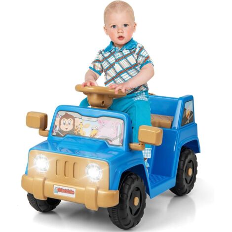 COSTWAY 6V Voiture Électrique Enfant avec Volant & Klaxon & Lumières LED, Véhicule Électrique avec Gobelet de Rangement & Pédale, 2,6 km/h, Charge 20kg pour Enfant de 18 Mois+ (Bleu)