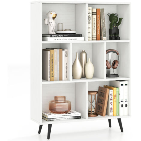 COSTWAY 7-Cube Bookcase Mid Century Modern Storage Organizer-White