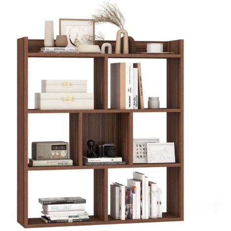 COSTWAY 7 Cubes Open-back Bookshelf Storage Display Shelf Wooden Bookcase Walnut