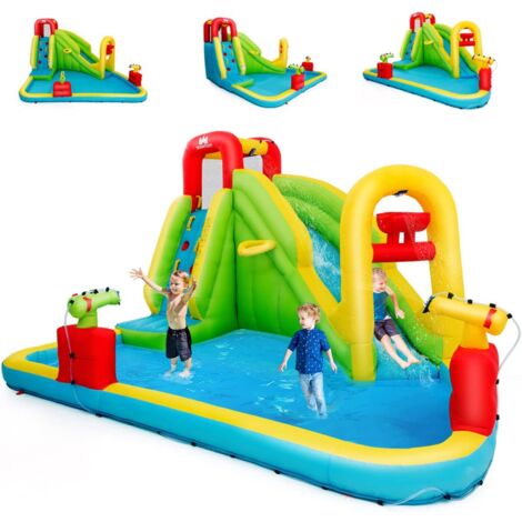 COSTWAY 7 en 1 Château Gonflable avec Toboggan Aquatique & Mur d’Escalade, Aire de Jeux Gonflable Grande avec Piscine & Pistolet à Eau, Charge 158kg pour 3 Enfants de 3-10 Ans, 400x335x230 cm
