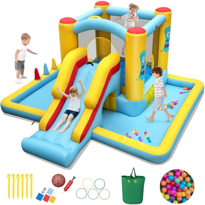 7 en 1 Château Gonflable avec Toboggan & Maison de Saut, Aire de Jeux Gonflable avec Piscine à Balles & Panier de Basketball, 50 Balles Océaniques