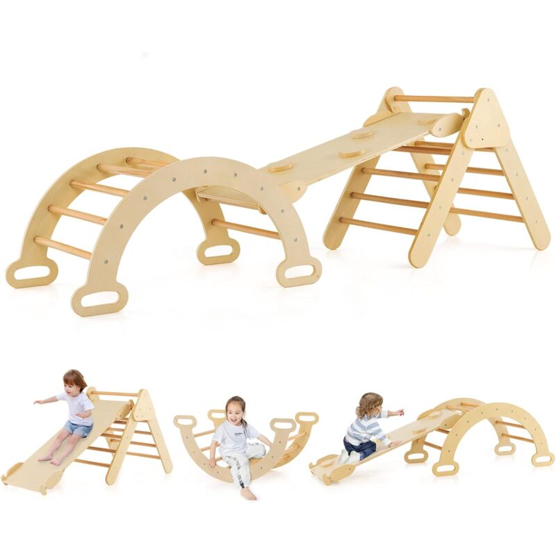 7 en 1 Triangle d'escalade Enfants avec Rampe Réversible, Arc d'escalade ou Bascule en Bois de Hêtre, Charge Max 50KG pour Glisser ou Grimper pour