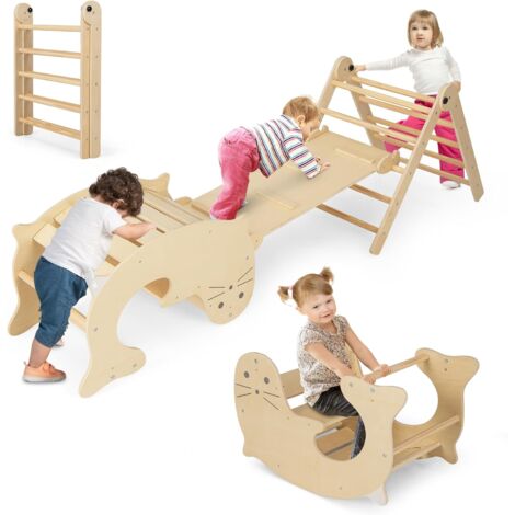 COSTWAY 7 en 1 Triangle d'escalade Montessori Pliable avec Rampe Réversible & Chaise à Bascule Otarie, Arche d'escalade en Bois avec Hauteur Réglable, Charge 60kg pour Enfants de 3-14 Ans (Naturel)