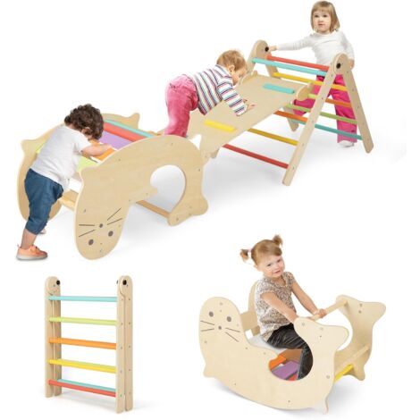 COSTWAY 7 en 1 Triángulo de Escalada Montessori, Escalador de Madera Plegable con Rampa Reversible, Balancín y Escalador de Leones Marinos, Mesa de Juegos y Túnel, para Niños de 3-14 años (Multicolor)