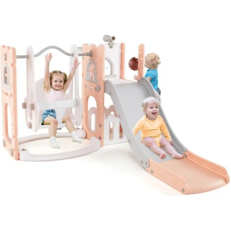 COSTWAY 7 in 1 Parco Giochi per Bambini, Set di Scivolo e Altalena per Bambini con Canestro da Basket e Telescopio, 142 x 165 x 92 cm, 1-3 Anni (Rosa)