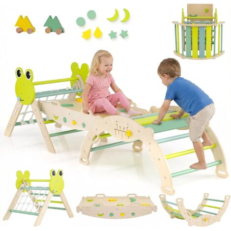 COSTWAY 7 in 1 Set da Arrampicata per Bambini, Giocattoli da Arrampicata in Legno con Rampa Scala e Arco, Gioco del Labirinto, Giochi Montessori per Bambini 1 Anni + (Rana 3 pezzi con rete, Verde)