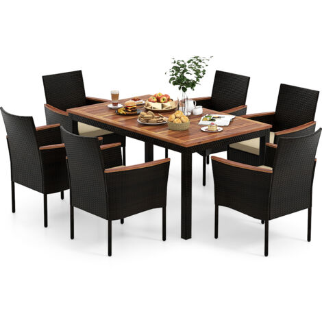 COSTWAY 7 Pieces PE Rattan Outdoor Patio Dining Set with 6 Stackable Chairs