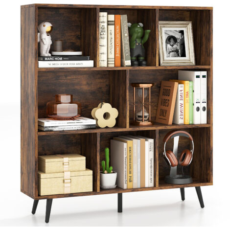 COSTWAY 8-Cube Bookcase Mid Century Modern Storage Organizer-Brown